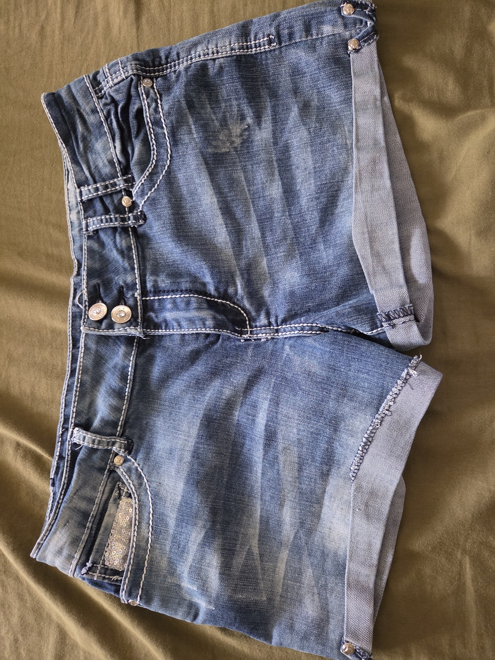 Vanity Washed Blue Denim Shorts with Rolled Hems